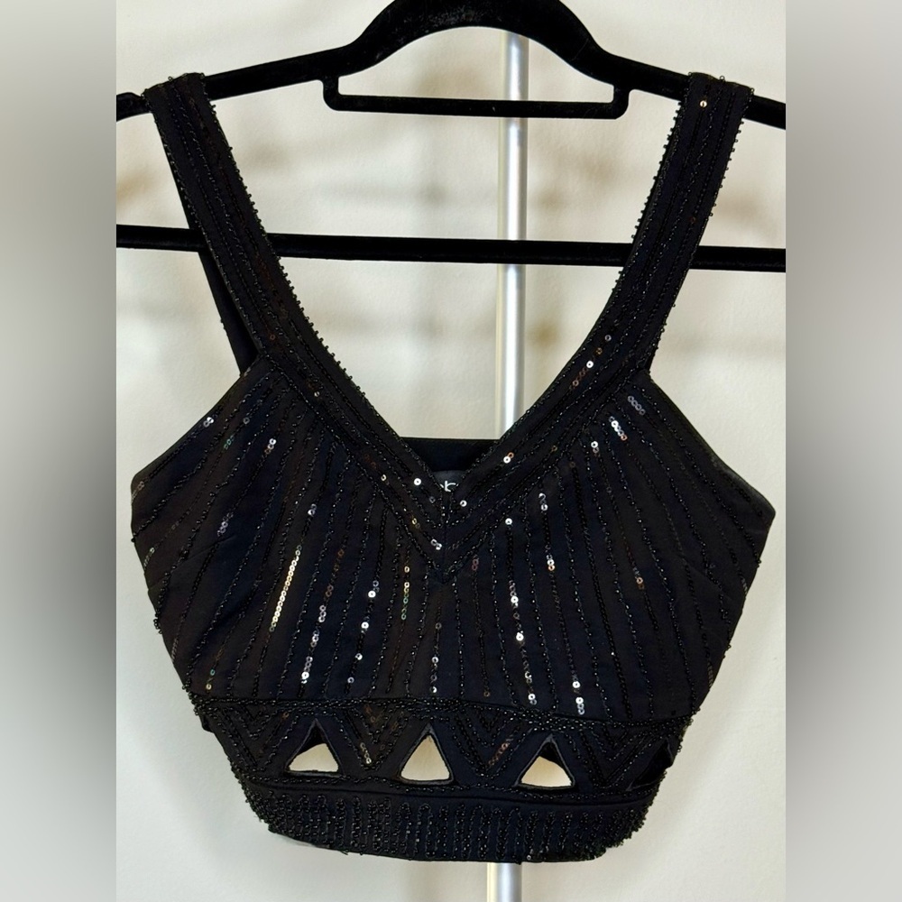 Bebe black Sequin evening occasion date night waist halter tank zip side XS EUC